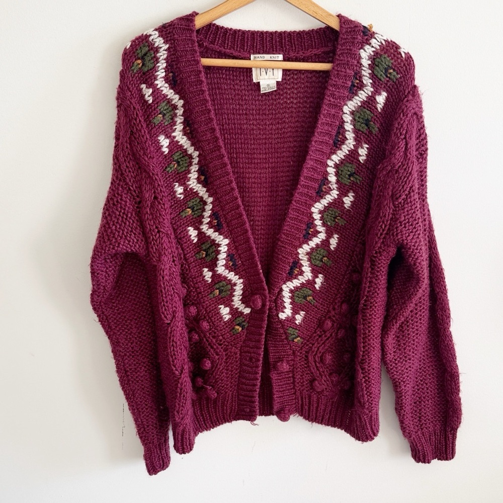 Vintage 90s Ivy burgundy grandma core heavy hand knit oversized cardigan  small